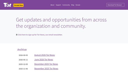 screenshot of Tor Newsletter Archive | The Tor Project - a4ygisnerpgtc5ayerl22pll6cls3oyj54qgpm7qrmb66xrxts6y3lyd.onion