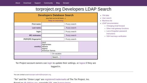 screenshot of Tor Project -- torproject.org Developers LDAP Search - http://epnxy4oscv3yh2fjwfrvctnjsmj5ta5uxdkq6k2ce7borqvcsk4qxhid.onion