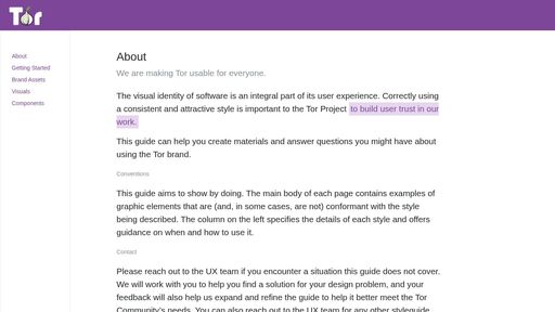 screenshot of Tor Styleguide | The Tor Project | Tor Styleguide - http://7khzpw47s35pwo3lvtctwf2szvnq3kgglvzc22elx7of2awdzpovqmqd.onion