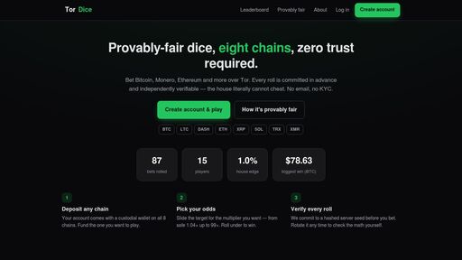 screenshot of TorDice — Provably-fair multi-chain dice for the Tor economy - http://6qpx27ppz5iwkoccvi3prn2adxlq3fut6tsbjupqrcqw3gzk3dojlmid.onion