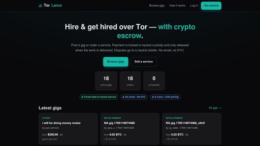 screenshot of TorLance — Escrow-protected freelancing for the Tor economy - h3cnaokodgyavy5ayqkx2nd6vft576jgn2o5jf3miw22ovsctzh73vqd.onion