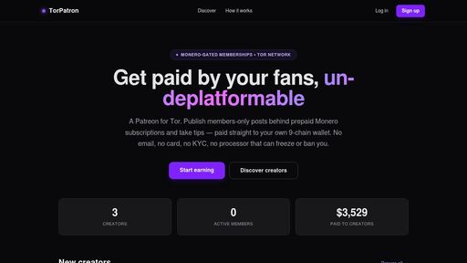 screenshot of patrons — Monero-gated creator subscriptions over Tor - http://7cqj6wfe75gs6rli7cpc6q2ukei6y5l4mdtt22rdrucod4fsvr2nmgqd.onion/c/patronnsss