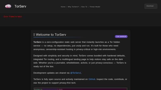 screenshot of TorServ - Zero-config static Tor web server - http://inacxweo5cotzc6mshwq52eul4327ac64xz5q5s4bml62txqot727oyd.onion