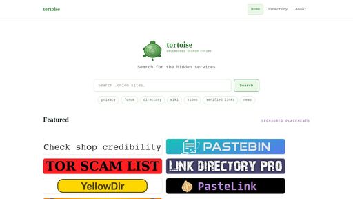 screenshot of tortoise — Uncensored Search Engine - tortoiseghhrijgonco2bkh3r65w2vy6vynnimr7kmyfmyoymhubabyd.onion