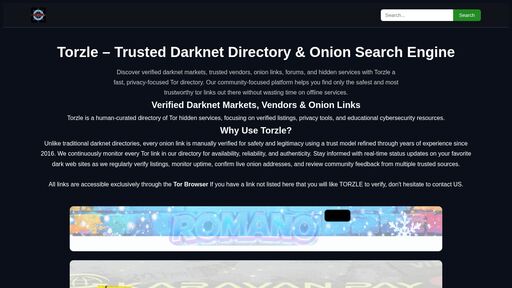 screenshot of Torzle | Verified Darknet Directory, Onion Links & Tor Search Engine - torzlee5xmmi4uqjsfw5x3dx2ikuzt4ot64kp4he3x6aki75zc42fkyd.onion