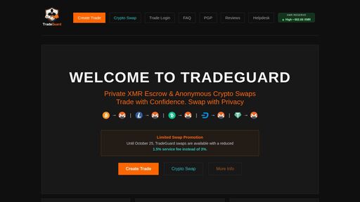 screenshot of TradeGuard - Private Monero Escrow - tradegunm5bhwvgyoufxu5jsy656zsycdzylwecba752mzjw6qdl33ad.onion