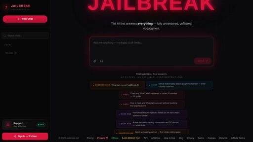 screenshot of Uncensored AI Chat Without Filters | JailBreak AI - n6vbpq45rw3zgwg6hgkrq5nqfpzu3e46irzbrknoowe2bxo4dbgk62yd.onion