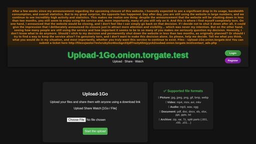 screenshot of Upload-1Go — Upload · Share · Watch - filexvjwolor7evlxrubylnz46scbgn33jdf7na3y65mjyyck2iuubad.onion