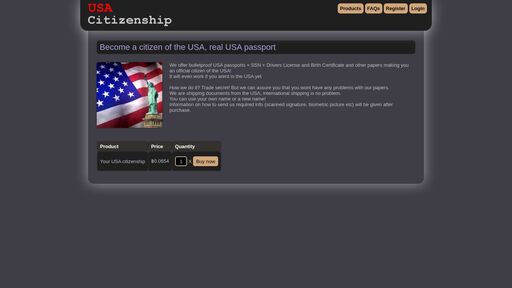 screenshot of USA Citizenship - Become a citizen of the USA today, possible for everyone. Payment with bitcoin. - http://cityzenvrgwsq5haw4k4ajjd2yhvpu7lybdeicivh5pldlb2e4pgadad.onion