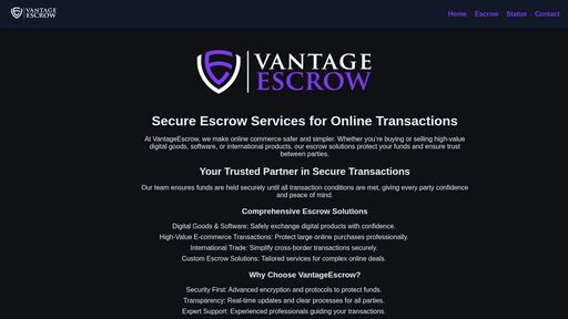 screenshot of VantageEscrow - Secure Online Escrow Services & Transaction Protection - va27o5xl6nqcouqm7ut7vxy5jqln3jvegftrrq4hwrnqalgjxt5snrqd.onion