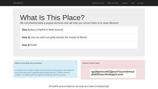 screenshot of VendorPro - Best PayPal & Bank Account Vendor On Tor - http://xgnj3bjqimnucifxny4bzlnaov6np46xhl6in4h5s2abgnbrvh4wkiqd.onion