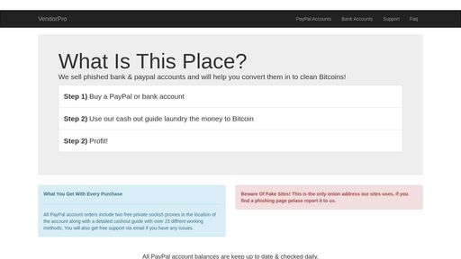 screenshot of VendorPro - Best PayPal & Bank Account Vendor On Tor - snheiu2xbd34hgjqexl6mya7co6cuy3rk5hqwnkxuik6h7un7eyaquyd.onion