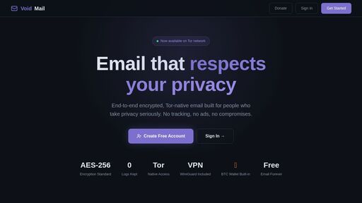 screenshot of VoidMail — Private Email - http://voidmail6djjcedyomahme6l26xoiyqapya63dbmpw273r4afhyf4qyd.onion/index.html