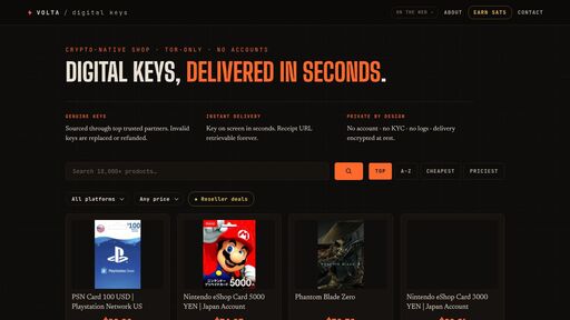 screenshot of Volta — buy game keys & gift cards with crypto - http://voltaeq7aqsl4r4s5tjgqrg54fnkpv4p57hstppbi7ccm5wjd36bjdid.onion?sort=name