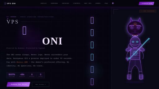 screenshot of VPS 鬼 ONI — Ghost Infrastructure. Demon Protection. - vpso45izoguyecl6mo5fj7am5eft7r72xmwlbf6skhu3y5es3xkqwqid.onion