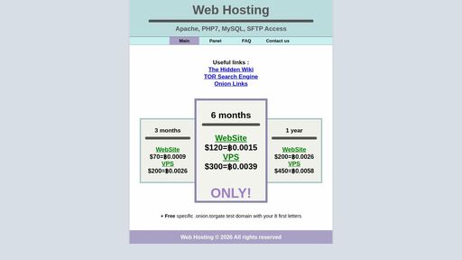 screenshot of Web Hosting | Sign in - http://hostings5tgjtamwlbfp4nfy3m4u2q3oktqnei2euvceed6duw74mtqd.onion/panel.php