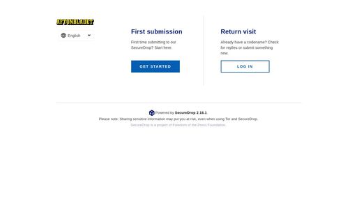screenshot of Welcome | Aftonbladet | SecureDrop - xm33ge4kupk5o66eqxcd2r4fqcplpqb2sbdduf5z2nw4g2jrxe57luid.onion