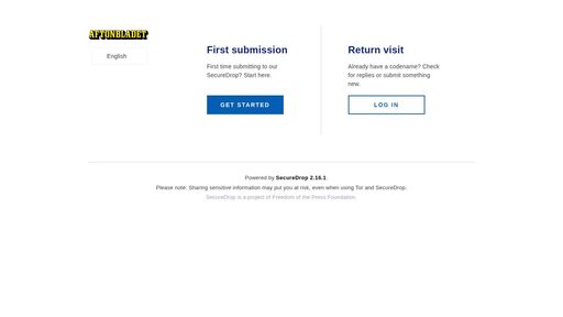 screenshot of Welcome | Aftonbladet | SecureDrop - xm33ge4kupk5o66eqxcd2r4fqcplpqb2sbdduf5z2nw4g2jrxe57luid.onion