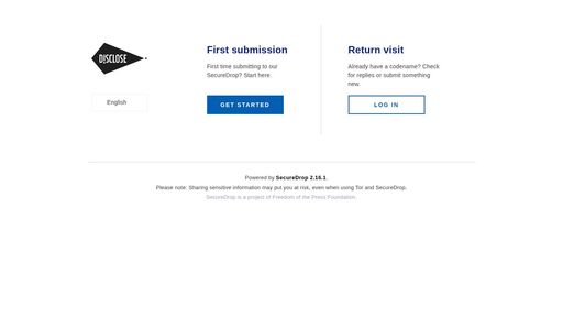 screenshot of Welcome | Disclose | SecureDrop - 3tcbrdg2ejwu5nzbjg7xqixkis6mdbgkkthcyxmzv2q3oi6v7th5ahqd.onion