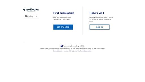 screenshot of Welcome | greekleaks by Reporters United | SecureDrop - http://jatasaqcoe7lqdpcyxo7vl3e5tdvl5jgmtadfat77i25qdj6z6a4ulad.onion