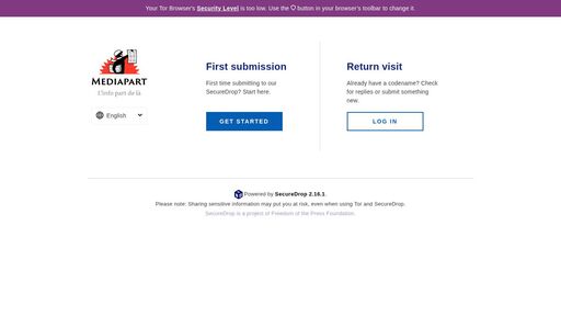 screenshot of Welcome | Mediapart | SecureDrop - wmqzwx5jbcaciuore32ljrxwmz6vcgggtpvocofh64py65e7pdu6p5qd.onion