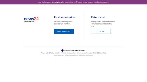 screenshot of Welcome | News24.com | SecureDrop - uhmj4j5pnwbpmkebfze3qgjmkum465fvok376nxtpku5yvyv5takz6qd.onion