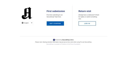screenshot of Welcome | SecureDrop | Protecting Journalists and Sources - dqa4zahticcobfq5rmmmbewbdtyiznbl75hu23k4i37y7yfoosrh7mqd.onion