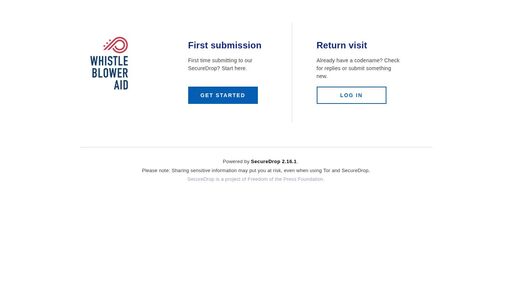 screenshot of Welcome | Whistleblower Aid | SecureDrop - kogbxf4ysay2qzozmg7ar45ijqmj2vxrwqa4upzqq2i7sqj7wv7wcdqd.onion