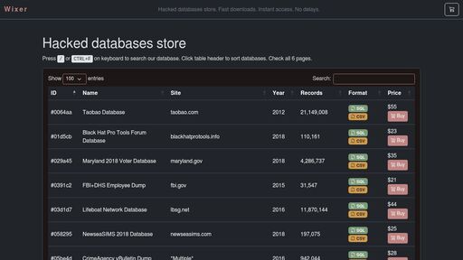 screenshot of Wixer - Hacked databases store - wixerhedj3vgqwlvwuvqfu75sme7zmqwbduedcjd7wcen2zoukujzmyd.onion