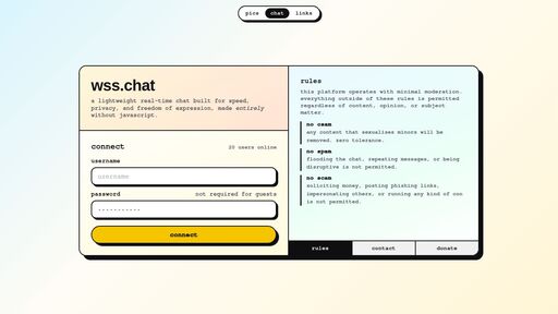 screenshot of ~ wss.chat - wsssspmmxtrrrym6iey5c23gonrjzuq766jhtlqxp2brpo6tbzihx7yd.onion