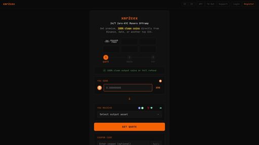 screenshot of xmr2cex — Zero-KYC Monero Offramp - xmr2cexfq6aqk4txxoiipbo2lth27ylzqtkqgigoksso5dbww5sphryd.onion