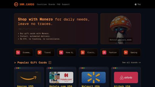 screenshot of XMR.CARDS - Buy Gift Cards with Monero - xmrcards7pb5dnj5dfbnueigmzwgujwlo5zhd6f3vnlhay6qlbd3dzid.onion