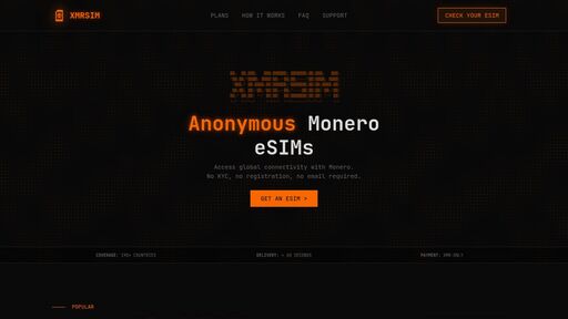 screenshot of XMRSIM - Anonymous Monero eSIM Plans - xmrsim76m5obvntjnxbuubiqolhdgojipa3s3cdbd2nt4lwitvje2lqd.onion